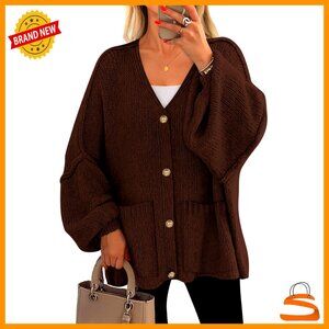 Oversized Chunky Knit Cardigan Button Lantern Sleeve Drop Shoulder Cozy Fall